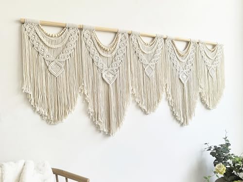 Extral Large macrame wall hanging, 71'' W x 32'' L boho wall art tapestry wall decor for urban entryway,living room,bedroom decor, headboard woven wall art, big fiber art over couch art for Yarn hallway (Wood Bead-B)