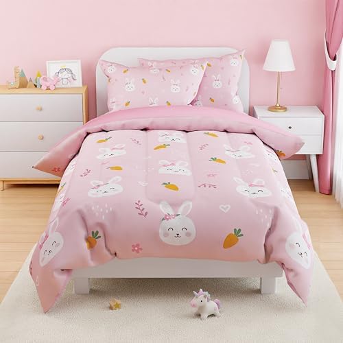 SANDJEST Rabbit Comforter Set Twin Size 68x86in for Kids Girls, Microfiber 3 Pcs Bedding Set Includes 1 Comforter, 1 Pillowcase, 1 Fitted Sheet, Nursery Room Decor