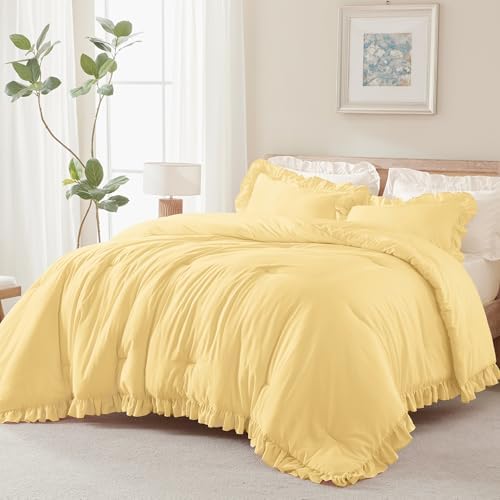 Andency Yellow Comforter Set Full Size, 3 Pcs Solid Ruffle Vintage Bedding