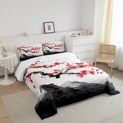 Erosebridal Cherry Blossoms Comforter Set King for Adult Women Ink Painting Black White Down Comforter Red Cherry Blossoms Quilted Duvet Romantic Theme Bedding Duvet with 2 Pillowcases