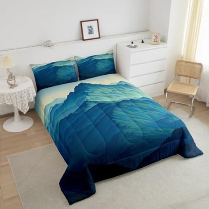 Mountain Comforter Set King Size,Nature Scenery Bedding Set for Kids Boys Girls Room Decor,Japanese Style Abstract Art Modern Duvet Insert 3Pcs,Minimalism Mountain Rustic Quilt Set,2 Pillowcases