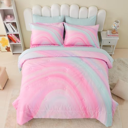 Wajade Girls Pink Comforter Set Bed in A Bag Full Size 7 Piece 3D Colorful Tie Dye Pink Rainbow Bedding Set for Teens Girls (1 Comforter, 1 Flat Sheet, 1 Fitted Sheet, 2 Pillowcase and 2 Pillow Sham)