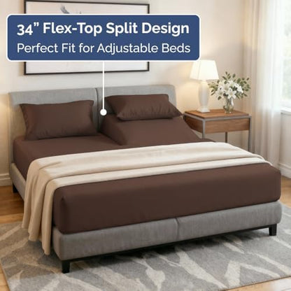 Flex Top Split Head King 4 Piece Sheet Set - Ultra-Soft, Breathable - Brown