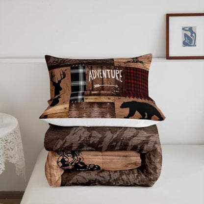 Cabin Home Comforter Sets King Size Hunting Bear Deer Animals Theme Quilted Duvet 3pcs for Boys Men Teens Kids Bedroom Decor Brown Wooden Rustic Farmhouse Style Bedding Sets Patchwork Plaid Bedspread