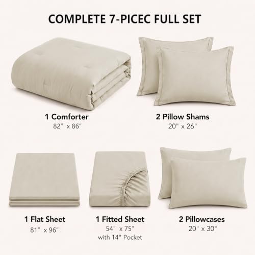 HIMEET Full Comforter Set, 7-Piece Point-Quilted Bed in a Bag, Beige