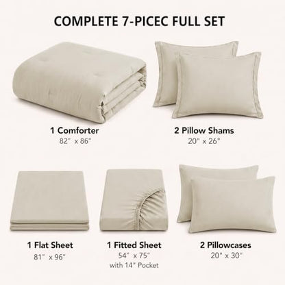 HIMEET Full Comforter Set, 7-Piece Point-Quilted Bed in a Bag, Beige