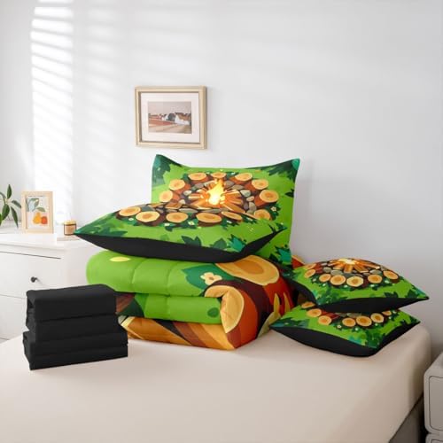Erosebridal Campfire 7 Piece Queen Comforter Set Forest Tree Stump Comforter Set Happy Camping Camper Bedding Sets for Kids Boys Girls Woodland Campsite Summer Adventure Sheet Set with Comforter