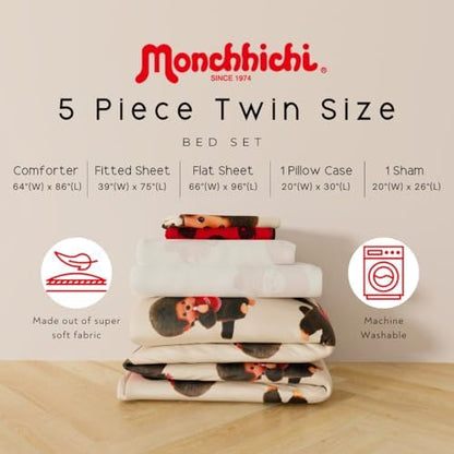 Monchhichi Bedding 5 Piece Twin Bed Set, Soft Cozy Nostalgia Reversible Comforter and Sheet Set with Sham, Officially Licensed Product By Franco