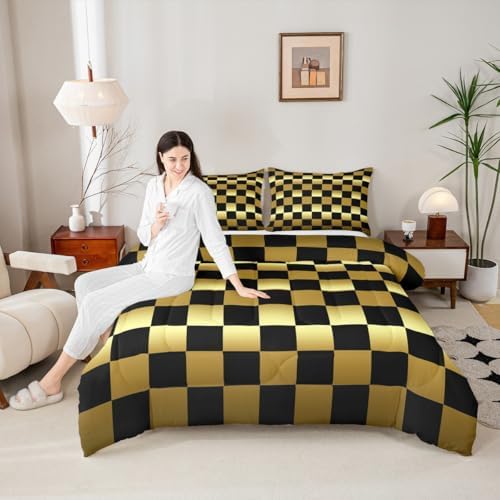 Feelyou Checkered Comforter Set King Size Modern Geometric Golden Yellow Black Bedding Set for Kids Boys Girls Cute Neutral Plaid Duvet Quilt Vintage Aesthetic Bedroom Decor 3 Pcs with 2 Pillow Cases