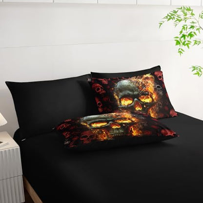AILONEN 7-Piece Fire Skull Comforter Sets Queen Size,3D Skeleton Bedding Set for Kids Boys Teens,Fiery Style Black Tint Comforter & Fitted Sheet with Flat Sheet & 2 Pillowcases,2 Pillow Shams