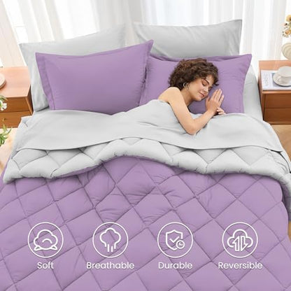 MUXHOMO 5 Pieces Twin Comforter Set, Reversible Bed in a Bag Twin Size, All Season Bedding Set with Comforter, Flat Sheet, Fitted Sheet, Pillowcases & Shams, Greyish Purple & Light Grey