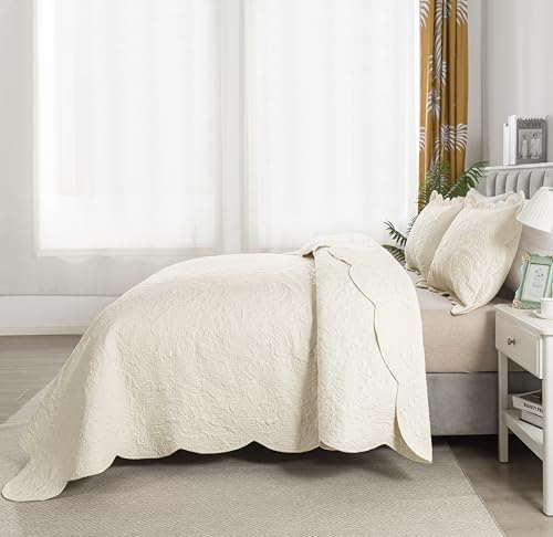 HoneiLife Queen Quilt Bedding Set - Microfiber Quilt Sets for Queen Bed, 3-Piece Lightweight Bedspreads,Reversible Coverlets Rustic Bedlinen Sets, Floral Bedding Set All Season Quilts-Beige