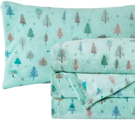 Elegant Comfort Luxuriously Soft 4-Piece Holiday Velvet Plush Flannel Sheet Set - Premium Quality - Cozy Warm, Christmas Fuzzy Velvet Flannel Fleece Deep Pocket Sheet Set - Twin, Mint Pine Trees