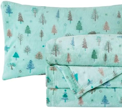 Elegant Comfort Luxuriously Soft 4-Piece Holiday Velvet Plush Flannel Sheet Set - Premium Quality - Cozy Warm, Christmas Fuzzy Velvet Flannel Fleece Deep Pocket Sheet Set - Twin, Mint Pine Trees