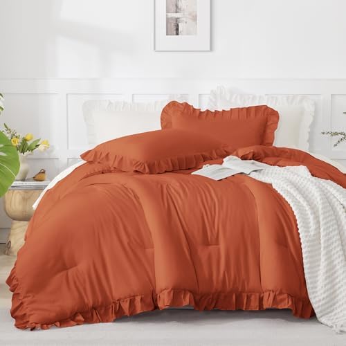 Andency Terracotta Ruffle Comforter Twin XL, 2 Pieces Solid Farmhouse Bed