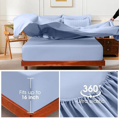 FreshCulture Comforter Set Seersucker 7 Pieces, All Season Bedding Set Full, Bed in a Bag Comforter Set with 1 Comforter, 1 Flat Sheet, 1 Fitted Sheet, 2 Pillowcases and 2 Pillow Shams, Baby Blue