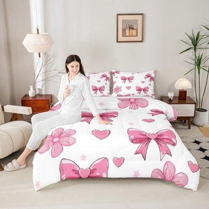 jejeloiu Pink White Bow Bedding Set for Boys Girls Comforter Set Twin Size