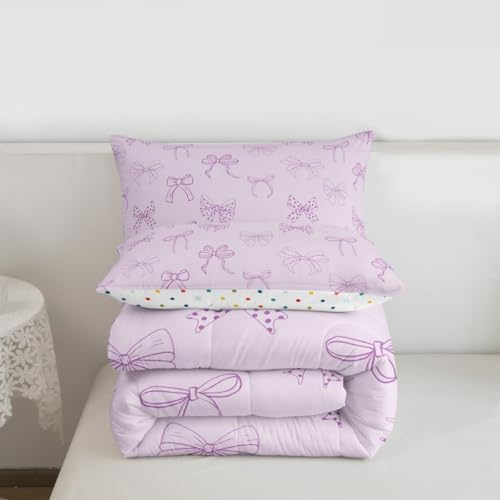 jejeloiu Bow Bedding Set Soft for Boys Girls, Bowknot Comforter Set Toddler Size Bow Tie Duvet Quilt Microfiber Dreamy Princess Style Bedroom Decor 2 Pcs with 1 Pillow Cases