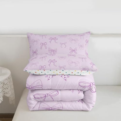 jejeloiu Bow Bedding Set Soft for Boys Girls, Bowknot Comforter Set Toddler Size Bow Tie Duvet Quilt Microfiber Dreamy Princess Style Bedroom Decor 2 Pcs with 1 Pillow Cases