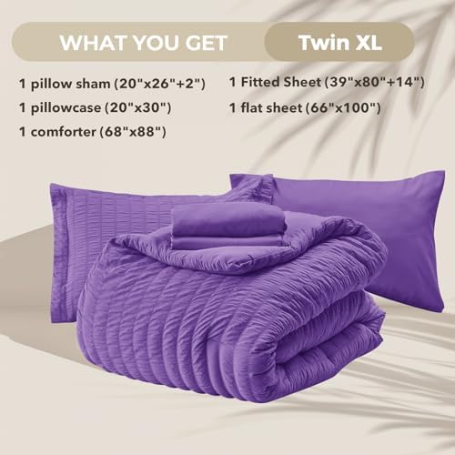 HYMOKEGE Bright Purple Twin XL Comforter Set Seersucker 5 Pieces, All Season Luxury Bed in a Bag for Bedroom, Bedding Set with Comforter, Sheets, Pillowcase & Sham