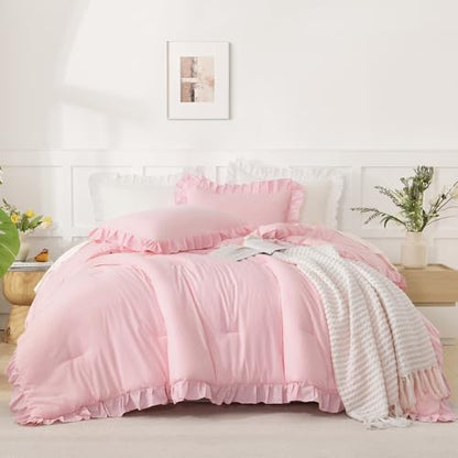 Andency Pink Queen Comforter Set, 3 Pieces Farmhouse Shabby Chic Bedding