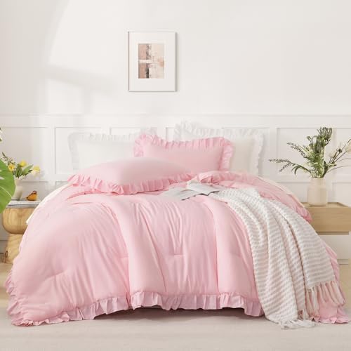 Andency Pink Ruffle Comforter Twin Size, 2 Pieces Soft Bed Set