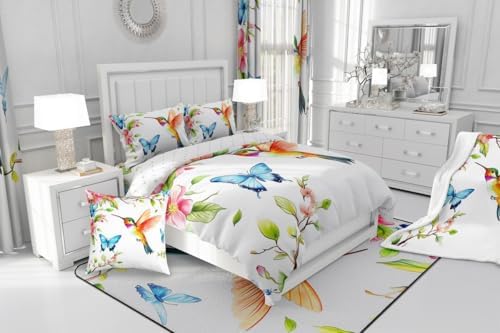 jejeloiu Hummingbird Comforter Set Twin Size Kids Tropical Birds Bedding Set Boys Girls Teens Flowers Leaves Spring Duvet Breathable Botanical Floral Quilt Bedroom Decor,1 Comforter with 1 Pillowcase