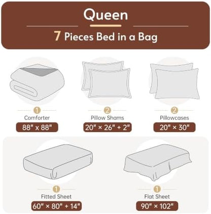 MUXHOMO Queen Comforter Set with Sheets Brown - 7 Pieces Bed in a Bag