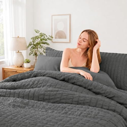 HIMEET California King Comforter Set, 7-Piece Seersucker, Dark Grey