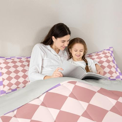 Feelyou Checkered Geometric Comforter Set All Season Pink Purple Plaid Bedding Set with 2 Pillow Cases Checkerboard Modern Aesthetic Kids Full Bedclothes Reversible Grey Bedroom Decor Duvet Quilt