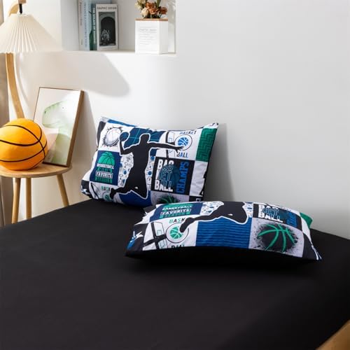 Aimuan Basketball Bedding Set for Boys Kids Teens, Soft Green and Blue Sports Geometric Grid Patchwork Theme Basketball Bedding Sets Full Size, Blue-Green
