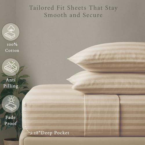 Threadmill 500TC Cotton King Sheet Set, Damask Stripe, Light Beige, 4-Piece