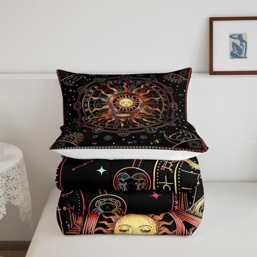 Manfei Sun and Moon Comforter Set Full Size, Zodiac Constellation Bedding Set 3pcs for Kids Boys Girls Room Decor, Hippie Boho Quilt Set with 2 Pillowcases