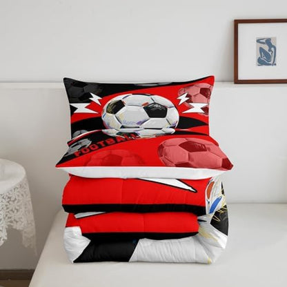 Erosebridal Football King Size Comforter Set for Boys & Girls, Sports Bedding Set for Kids Room Decor, Soccer Theme 3Pcs - Red & Black