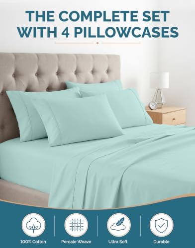 Casa Platino King Sheets Sets – 100% Cotton King Sheets Cooling with 4 Pillowcases, 15" Deep Pocket Fitted Sheet, Crisp & Smooth Feel, Ultra Soft & Cozy, Fit – Blue Sky