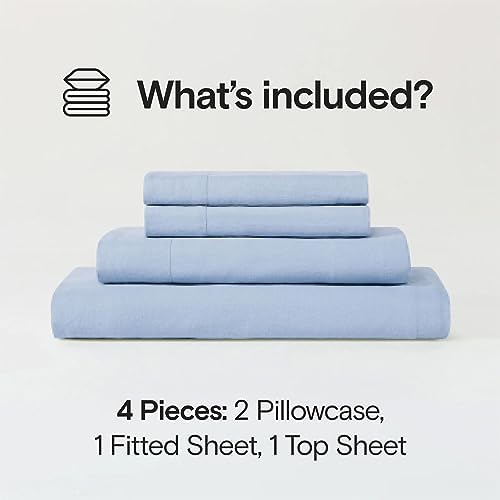Sijo Stone Washed Organic French Linen Bed Sheet Set, GOTS Certified Organic, Best Cooling Linen Sheet Award by Sleep Foundation, 4 Piece - 2 Pillowcases, 1 Fitted and 1 Flat (Sky, Queen)