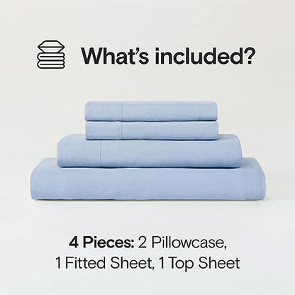 Sijo Stone Washed Organic French Linen Bed Sheet Set, GOTS Certified Organic, Best Cooling Linen Sheet Award by Sleep Foundation, 4 Piece - 2 Pillowcases, 1 Fitted and 1 Flat (Sky, Queen)