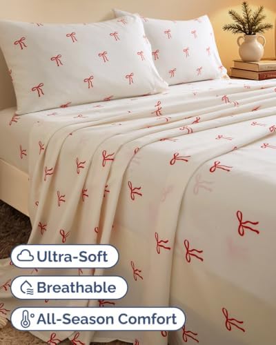 Christmas Sheet Set, Dainty Red Bows, Holiday Xmas Bedding Set - Queen Size
