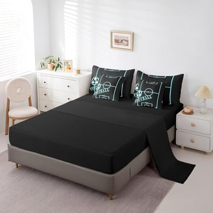 Erosebridal Sports Twin Comforter Set 7 Pieces for Boys Football Bedding Comforter Sets, Soccer Game Bed in a Bag Black Teal Bedding Set, Neon Blue Football Field Bed Sheets Set (Black Reversible)