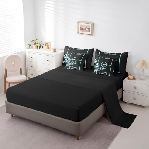 Sports Bedding King Size 7-Piece for Boys Football Comforter Set, Soccer Game Bedding Comforter Sets Black Teal Bed in a Bag, Neon Blue Football Field Bedding Accessories (Black Reversible)