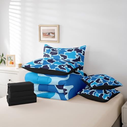 Erosebridal Fishing Camouflage Comforter Set 7 Piece Bass Big Fish Bedding Sets Twin Size Farmhouse Wild Animal Bed in a Bag for Kids Rustic Farmstyle Sheet Set with Comforter Vintage Blue Decor