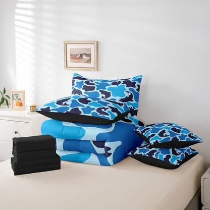 Erosebridal Fishing Camouflage Comforter Set 7 Piece Bass Big Fish Bedding Sets Twin Size Farmhouse Wild Animal Bed in a Bag for Kids Rustic Farmstyle Sheet Set with Comforter Vintage Blue Decor