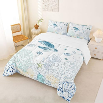 Castle Fairy Sea Turtle Comforter Set Full Size Ocean Coral Shell Starfish Bedding Set 3pcs,Sealife for Kids Boys Girls Room Decor,Blue Sketch Line Piece All Season with 2 Pillowcases