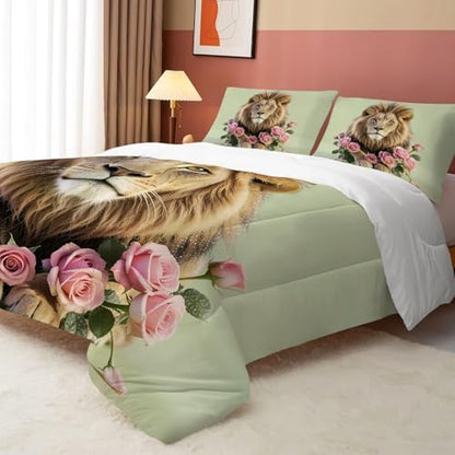 Rose Lions Bedding Set Twin Mint Green Comforter for Girls