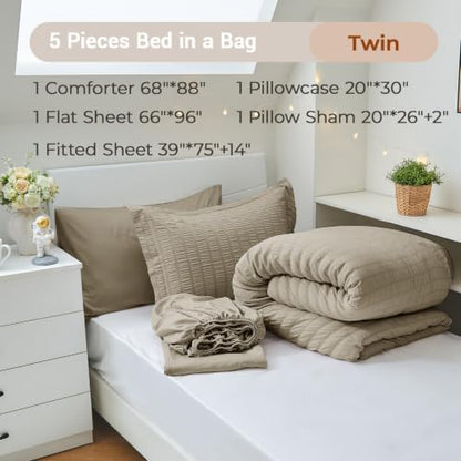 MUXHOMO 5 Pieces Twin Comforter Set, Seersucker Bed in a Bag Twin Size, All Season Luxury Bedding Set with Comforter, Flat Sheet, Fitted Sheet, Pillowcase & Sham, Linen