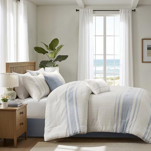 Harbor House Queen Comforter Set, Stripes Clipped Jacquard, Soft Cotton Oversized Comforter for a Queen-Size Bed, Farmhouse Bedding, 2 Shams, Bedskirt, 2 Décor Pillows, Morgan, Queen White/Blue