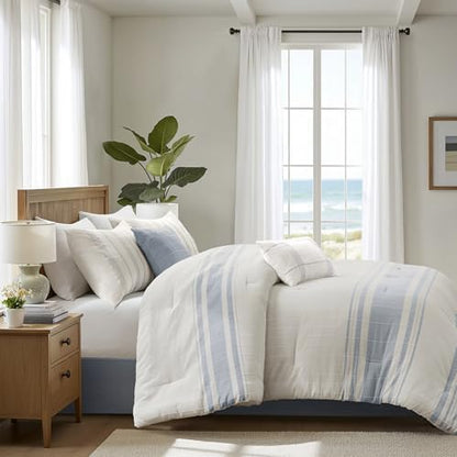 Harbor House Queen Comforter Set, Stripes Clipped Jacquard, Soft Cotton Oversized Comforter for a Queen-Size Bed, Farmhouse Bedding, 2 Shams, Bedskirt, 2 Décor Pillows, Morgan, Queen White/Blue