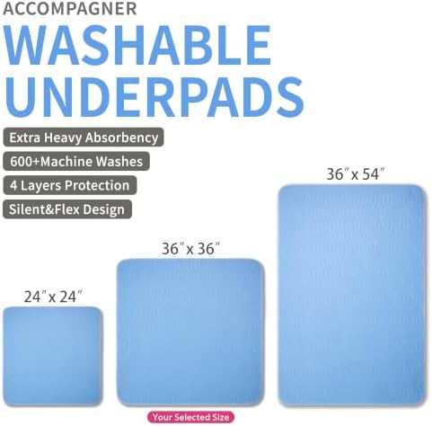Accompagner Incontinence Bed Pads Washable Waterproof, Ultra-Absorbent Reusable Underpads for Diaper Changing, Nursing, Bedridden, Adults, Seniors, Kids and Dogs (Blue, 36"x36"(Pack of 6))