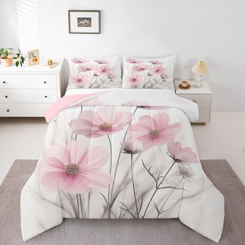 jejeloiu Floral Flower Comforter Set Queen Size Kids Pink Wildflower Bedding Set for Boys Girls Teens Botanical Duvet Breathable Minimalist Aesthetics Quilt Bedroom Decor,1 Comforter with 2 Pillowcase