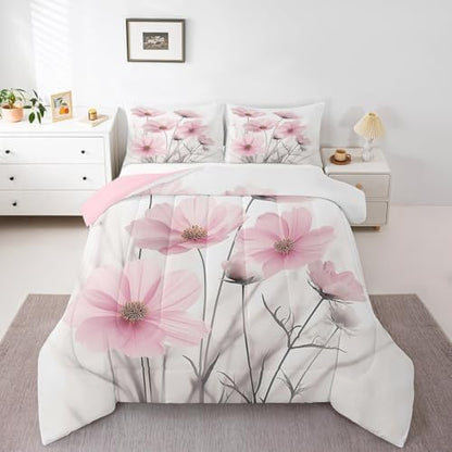 jejeloiu Floral Flower Comforter Set Queen Size Kids Pink Wildflower Bedding Set for Boys Girls Teens Botanical Duvet Breathable Minimalist Aesthetics Quilt Bedroom Decor,1 Comforter with 2 Pillowcase